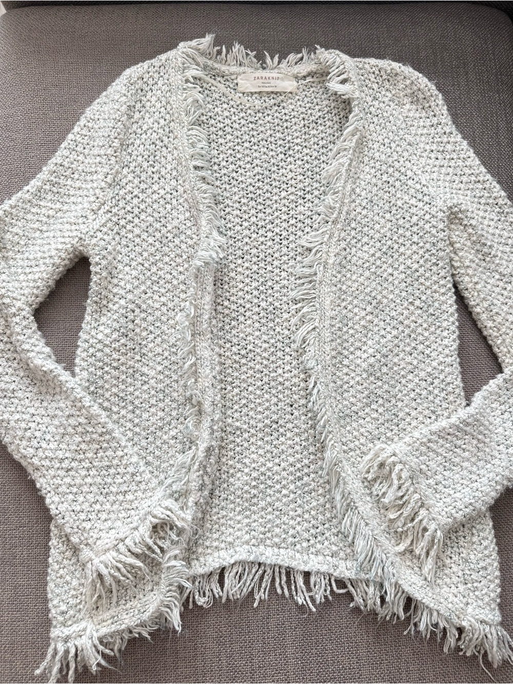 Zara Grey Blue Penny Lane Fringe Rustic Open Knit Chunky Cardigan Size M